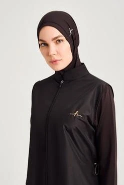 Haşema 3048 Siyah Bakır Yaprak Desenli Siyah Jileli Tam Tesettür Mayo Üstü - Resim 5