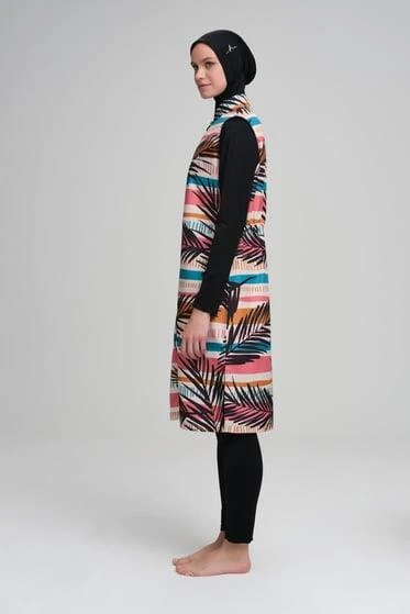 Haşema 3009 Renkli Çizgili Siyah Jileli 4 Parça Tesettür Mayo Takımı - 4