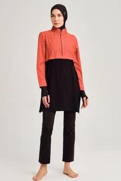 Haşema 2934 Turuncu Siyah Turuncu Esila Jileli 4 Parça Tesettür Mayo Takımı - Resim 9