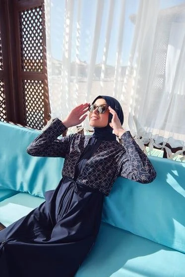 Haşema 2991 Lacivert Elisa Kordon Detaylı Lacivert Jileli Tam Tesettür Tek Üst Mayo - Resim 2