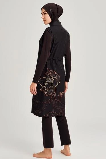 Haşema 3048 Siyah Bakır Yaprak Desenli Siyah Jileli Tam Tesettür Mayo Üstü - Resim 8