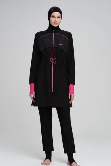Haşema 2010 Siyah Performans Serisi Fuşya Ayak Bant Detaylı Esnek Dokuma 6 Parça Tesettür Mayo Takımı - Resim 8