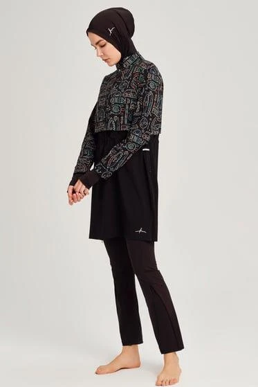 Haşema 2934 Siyah Yeşil Esila Jileli Tam Tesettür Tek Üst Mayo - Resim 8