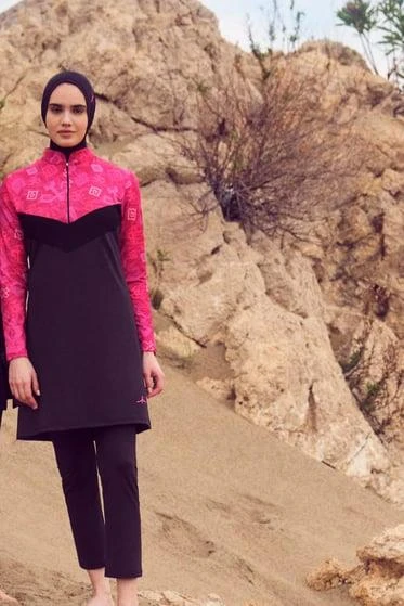 Haşema 3071 Siyah Anadolu Koleksiyonu Fitilli Kumaş Detaylı Likralı 5 Parça Tesettür Mayo Takımı - Resim 3