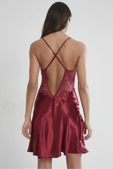 Pierre Cardin 680 Bordo Saten Sırtı Çapraz İp Askılı Kadın Gecelik - Resim 3