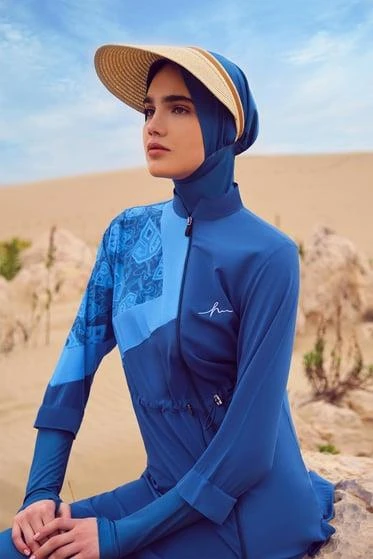 Haşema 3079 Petrol Mavisi Anadolu Koleksiyonu Parmak Geçirme Detaylı Jileli 5 Parça Tesettür Mayo Takımı - 2