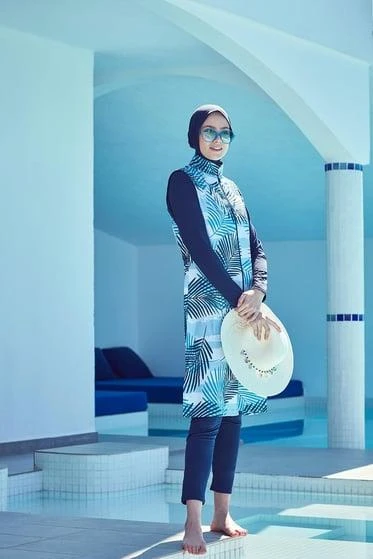 Haşema 2941 Yeşil Palmiye Yaprak Desenli Tesettür Mayo ürün görseli 1