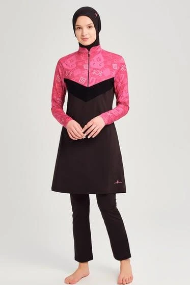 Haşema 3071 Siyah Anadolu Koleksiyonu Fitilli Kumaş Detaylı Likralı 5 Parça Tesettür Mayo Takımı ürün görseli