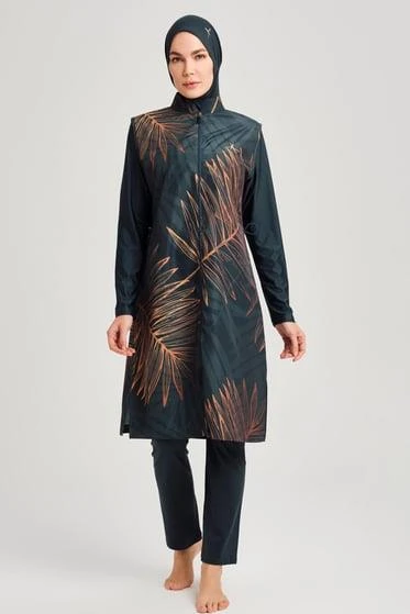 Haşema 3049 Yeşil Gold Yaprak Detaylı Jileli 5 Parça Tesettür Mayo Takımı ürün görseli 1