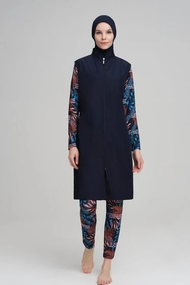 Nehar 22-30 Lacivert Kol Ve Taytı Desenli Jileli 3 Parça Tesettür Mayo Takımı ürün görseli 1