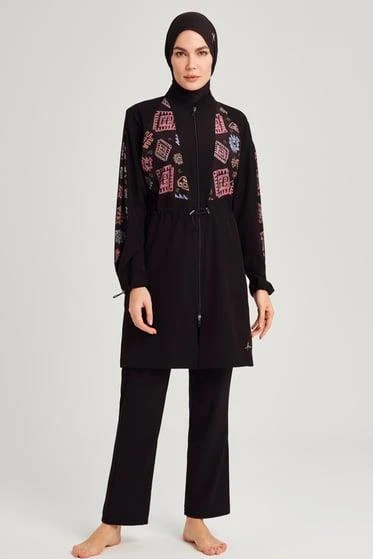 Haşema 3076 Siyah Anadolu Koleksiyonu Motif Desenli Esnek Dokuma 6 Parça Tesettür Mayo Takımı - Resim 7