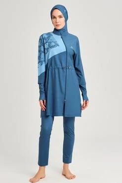 Haşema 3079 Petrol Mavisi Anadolu Koleksiyonu Parmak Geçirme Detaylı Jileli 5 Parça Tesettür Mayo Takımı - 7