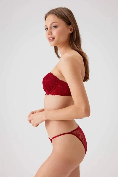 Pierre Cardin 4032 Bordo Pisa Balenli Straplez Push Up Dolgulu Sütyen Ve Külot Takımı - Resim 2