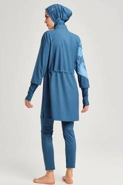 Haşema 3079 Petrol Mavisi Anadolu Koleksiyonu Parmak Geçirme Detaylı Jileli 5 Parça Tesettür Mayo Takımı - 5