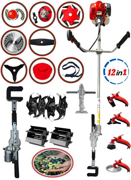 EISENN Yan tipi Benzinli Motorlu Tırpan + Zeytin Badem Hasat Makinası + Çapalama Seti Toplam 13 Parça - 1