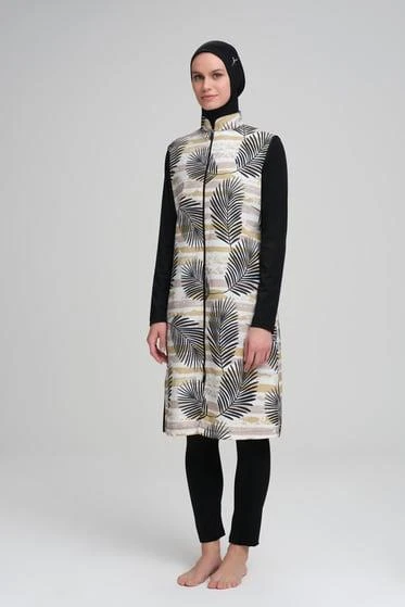 Haşema 3010 Siyah Çizgili Yaprak Desenli  Jileli 4 Parça Tesettür Mayo Takımı ürün görseli
