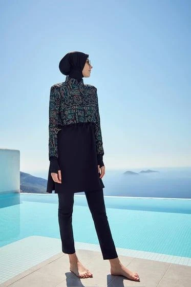 Haşema 2934 Siyah Yeşil Esila Jileli 4 Parça Tesettür Mayo Takımı - Resim 5
