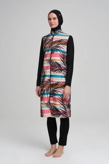 Haşema 3009 Renkli Çizgili Siyah Jileli 4 Parça Tesettür Mayo Takımı - 3