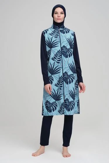 Nehar 22-11 Lacivert Mavi Çizgi Desenli Jileli 3 Parça Tesettür Mayo Takımı ürün görseli