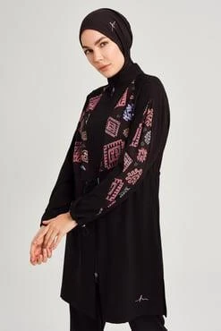 Haşema 3076 Siyah Anadolu Koleksiyonu Motif Desenli Esnek Dokuma 6 Parça Tesettür Mayo Takımı - Resim 3