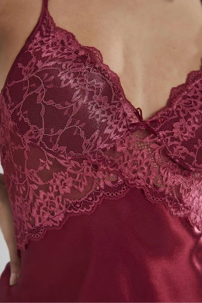 Pierre Cardin 680 Bordo Saten Sırtı Çapraz İp Askılı Kadın Gecelik - Resim 2