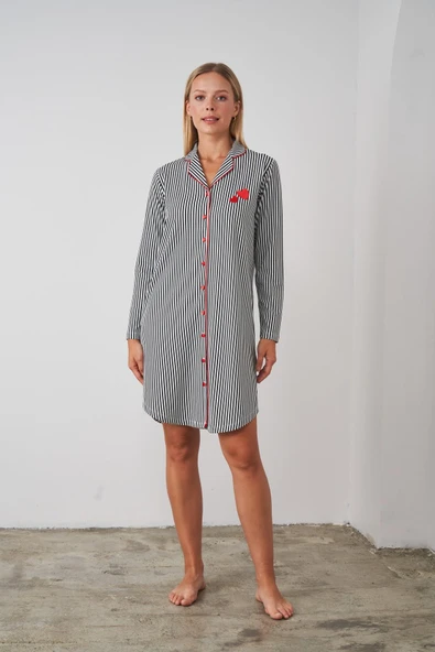 Pjs 24508 Siyah Pamuk Önden Düğmeli Kadın Gecelik ürün görseli 1