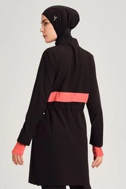 Haşema 2934 Siyah Turuncu Esila Şerit Monogram Tam Tesettür Tek Üst Mayo - 9