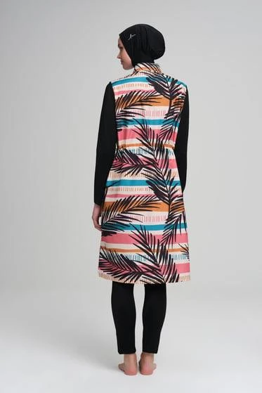 Haşema 3009 Renkli Çizgili Siyah Jileli 4 Parça Tesettür Mayo Takımı - 2