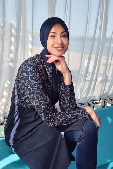 Haşema 2991 Lacivert Elisa Kordon Detaylı Lacivert Jileli Tam Tesettür Tek Üst Mayo - Resim 4