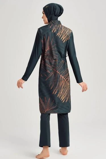 Haşema 3049 Yeşil Gold Yaprak Detaylı Jileli 5 Parça Tesettür Mayo Takımı - Resim 2