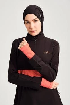 Haşema 2934 Siyah Turuncu Esila Şerit Monogram Tam Tesettür Tek Üst Mayo - 3