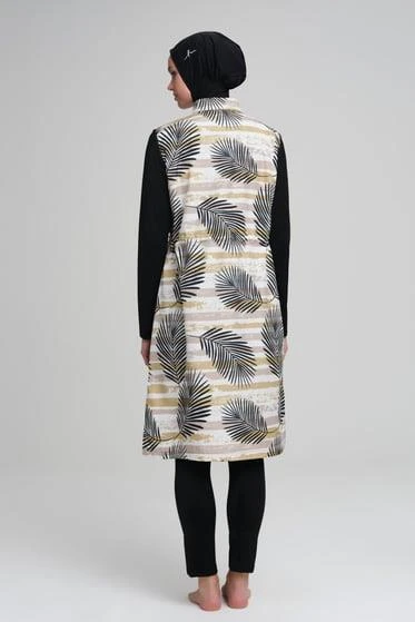 Haşema 3010 Siyah Çizgili Yaprak Desenli  Jileli 4 Parça Tesettür Mayo Takımı - Resim 4