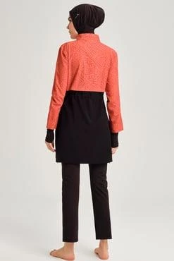 Haşema 2934 Turuncu Siyah Turuncu Esila Jileli 4 Parça Tesettür Mayo Takımı - Resim 6