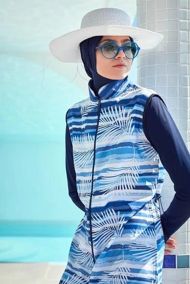 Haşema 2942 Lacivert Çizgili Palmiye Desenli Tesettür Mayo - Resim 2