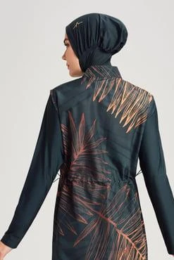 Haşema 3049 Yeşil Gold Yaprak Detaylı Jileli 5 Parça Tesettür Mayo Takımı - Resim 4