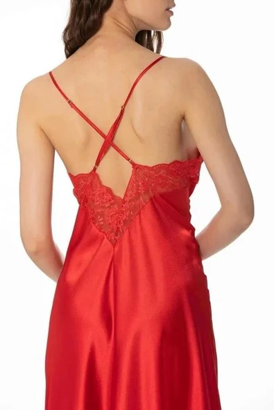 Pierre Cardin 900 Kırmızı Saten Kaplı Uzun Gecelik - Resim 3