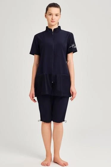 Haşema 2843 Lacivert File Cep Detaylı Kısa Kol Fermuarlı Havuz Mayo ürün görseli 1