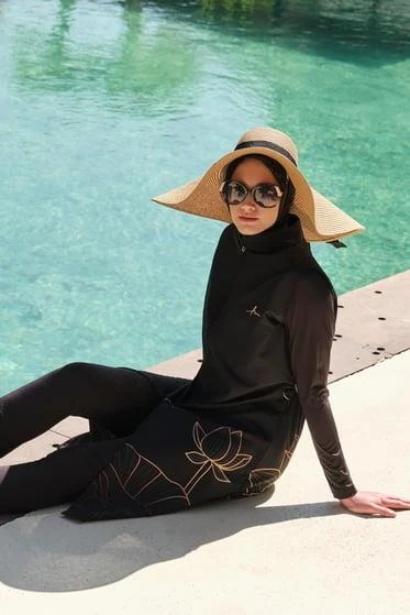 Haşema 3048 Siyah Bakır Yaprak Desenli Siyah Jileli Tam Tesettür Mayo Üstü ürün görseli