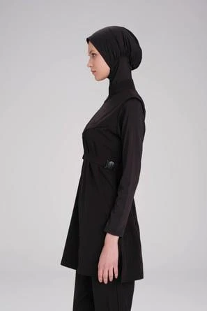 Haşema Bel Kemer Detaylı Siyah Dokuma 5 Parça Tesettür Mayo Takımı Siyah - Resim 3