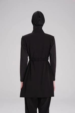 Haşema Bel Kemer Detaylı Siyah Dokuma 5 Parça Tesettür Mayo Takımı Siyah - Resim 4