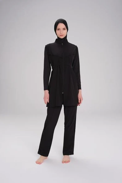 Haşema Bel Kemer Detaylı Siyah Dokuma 5 Parça Tesettür Mayo Takımı Siyah - Resim 6