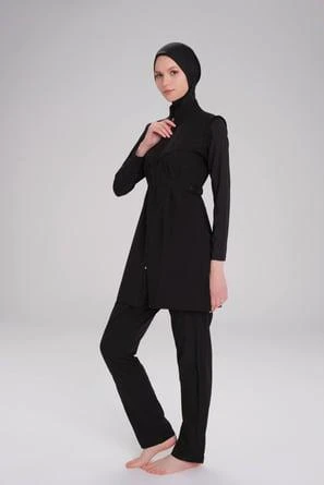 Haşema Bel Kemer Detaylı Siyah Dokuma 5 Parça Tesettür Mayo Takımı Siyah - Resim 2