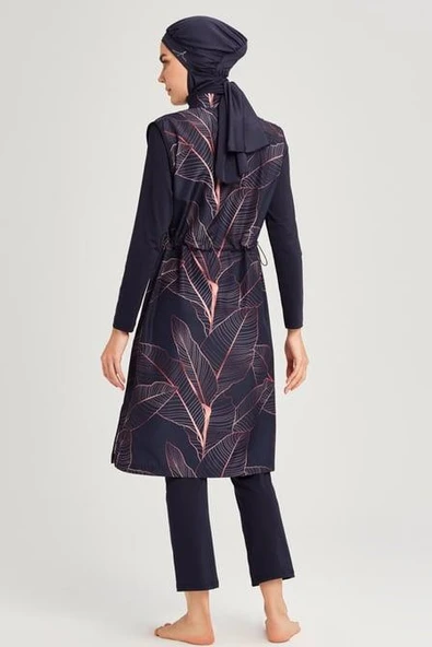Haşema 6088 Yaprak Desenli Lacivert Jileli Tam Tesettür Mayo Üstü LACİVERT - Resim 3