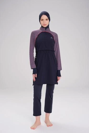 Haşema 2944 Esila Lacivert Kırmızı Kolu Desenli Jileli Tam Tesettür Mayo Üstü LACİVERT-KIRMIZI - Resim 3