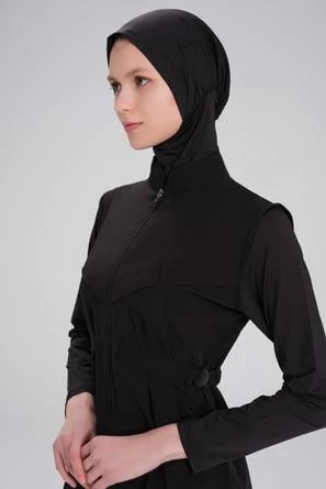 Haşema Bel Kemer Detaylı Siyah Dokuma 5 Parça Tesettür Mayo Takımı Siyah - Resim 5