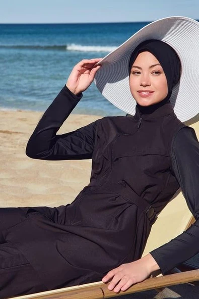 Haşema Bel Kemer Detaylı Siyah Dokuma 5 Parça Tesettür Mayo Takımı Siyah - Resim 8