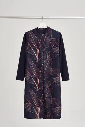 Haşema 6088 Yaprak Desenli Lacivert Jileli Tam Tesettür Mayo Üstü LACİVERT - Resim 5