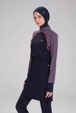 Haşema 2944 Esila Lacivert Kırmızı Kolu Desenli Jileli Tam Tesettür Mayo Üstü LACİVERT-KIRMIZI - Resim 5