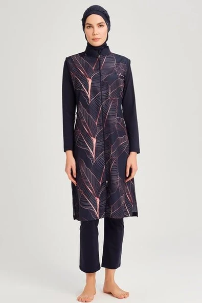 Haşema 6088 Yaprak Desenli Lacivert Jileli Tam Tesettür Mayo Üstü LACİVERT ürün görseli 1