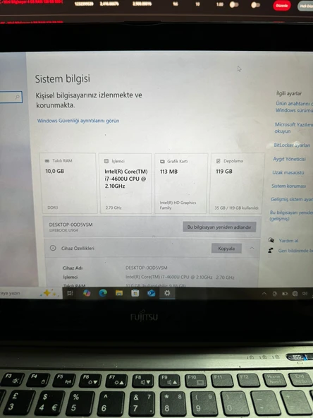 FUJİTSU LİFEBOOK U904 DOKUNMATİK EKRAN 14 İNÇ İNTEL CORE İ7 4600U 10 GB RAM 128 GB SSD İNTEL HD EKRAN KARTI BATARYA İYİ (YENİLENMİŞ ÜRÜN) - 3